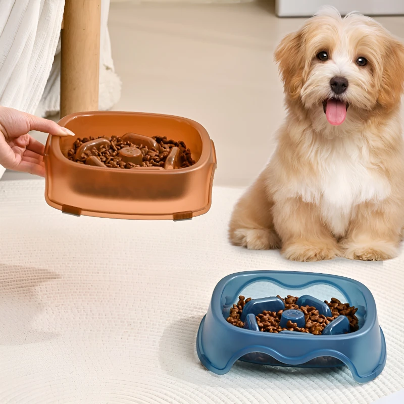 Yiwu- Un perro está sentado en una cama junto a un Comedero o recipiente para mascotas ideal para entrenamiento de comida lenta - PTMH082.