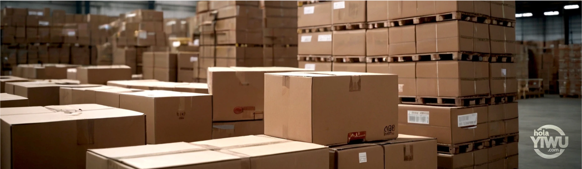 Yiwu- Una bodega llena de cajas de cartón apiladas listas para la distribución, almacenando cantidades mínimas.