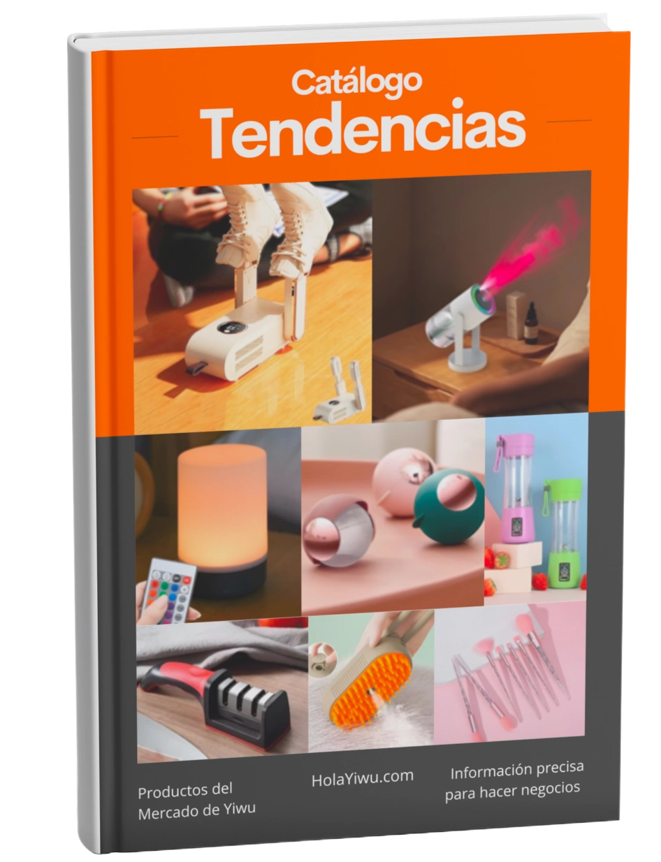 Hola Yiwu- Portada del catálogo titulada "Tendencias" que muestra los mejores productos ganadores y artículos de estilo de vida como una lámpara, un masajeador y un esmalte de uñas. El texto lee "Productos del Mercado de Yiwu.