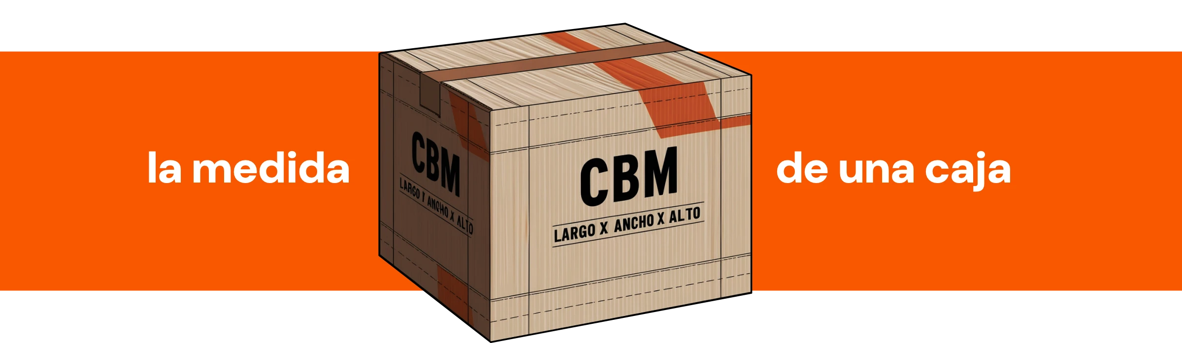 Hola Yiwu- Ilustración de una caja de cartón con la etiqueta "CBM" sobre un fondo naranja y blanco, junto con el texto en español "la medida de una caja", que invita a los espectadores a explorar cómo calcular CBM para obtener soluciones de embalaje precisas.