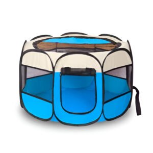 Hola Yiwu- La Tienda Plegable para Mascotas - YR1838-2 es un corral portátil para mascotas de color azul y blanco con ventanas de malla, una puerta con cierre y un asa para transportarlo fácilmente.
