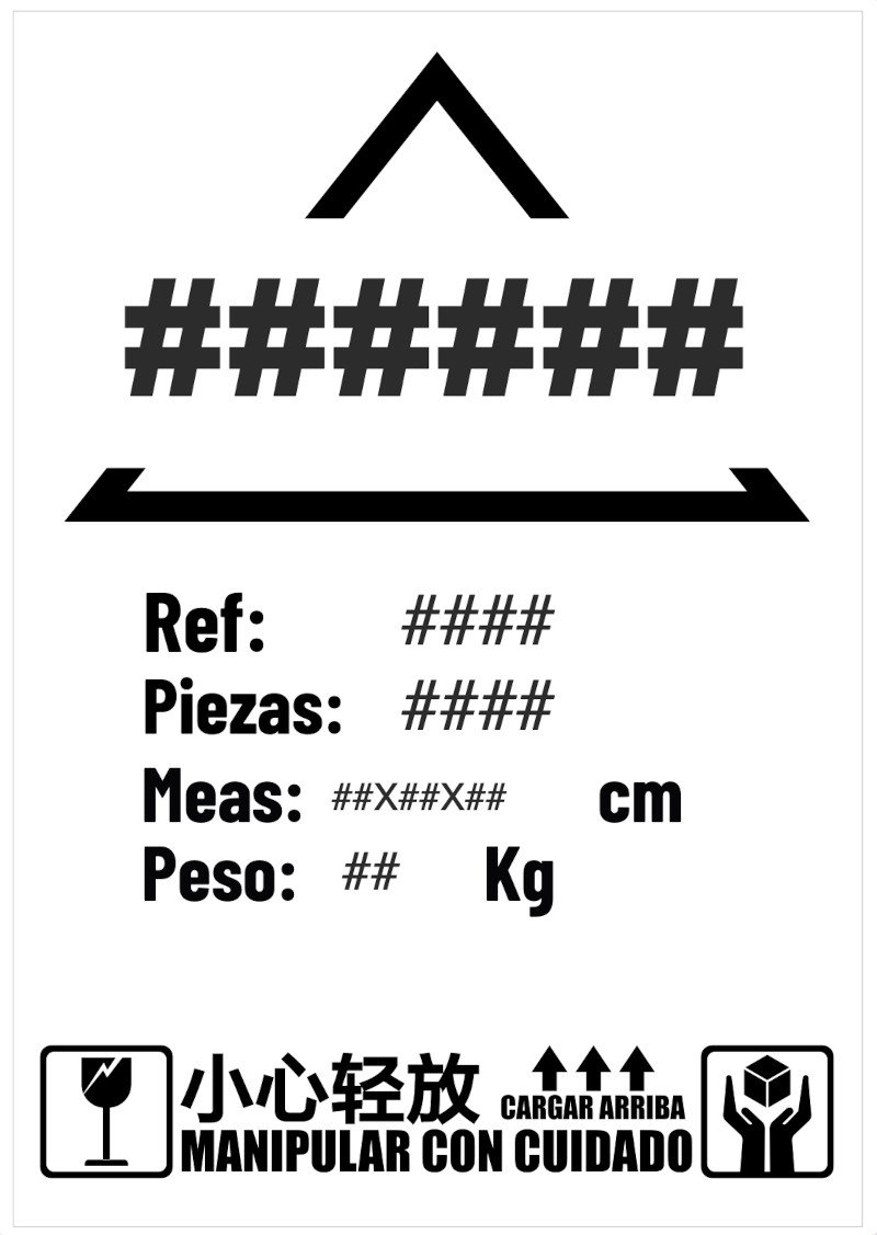 Hola Yiwu- Etiqueta de envío en blanco y negro con marcadores para referencia, piezas, medidas y peso; incluye los iconos "Handle With Care" y "This Side Up", advertencias en español y chino, además de información sobre recursos electrónicos o contenido descargable.